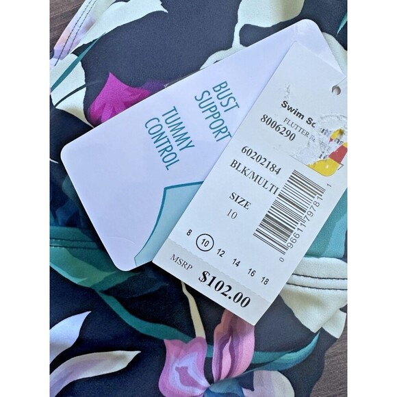 Swim Solutions Women's Floral-Print Flutter-Sleeve One-Piece Swimsuit Size 10 - Picture 6 of 8